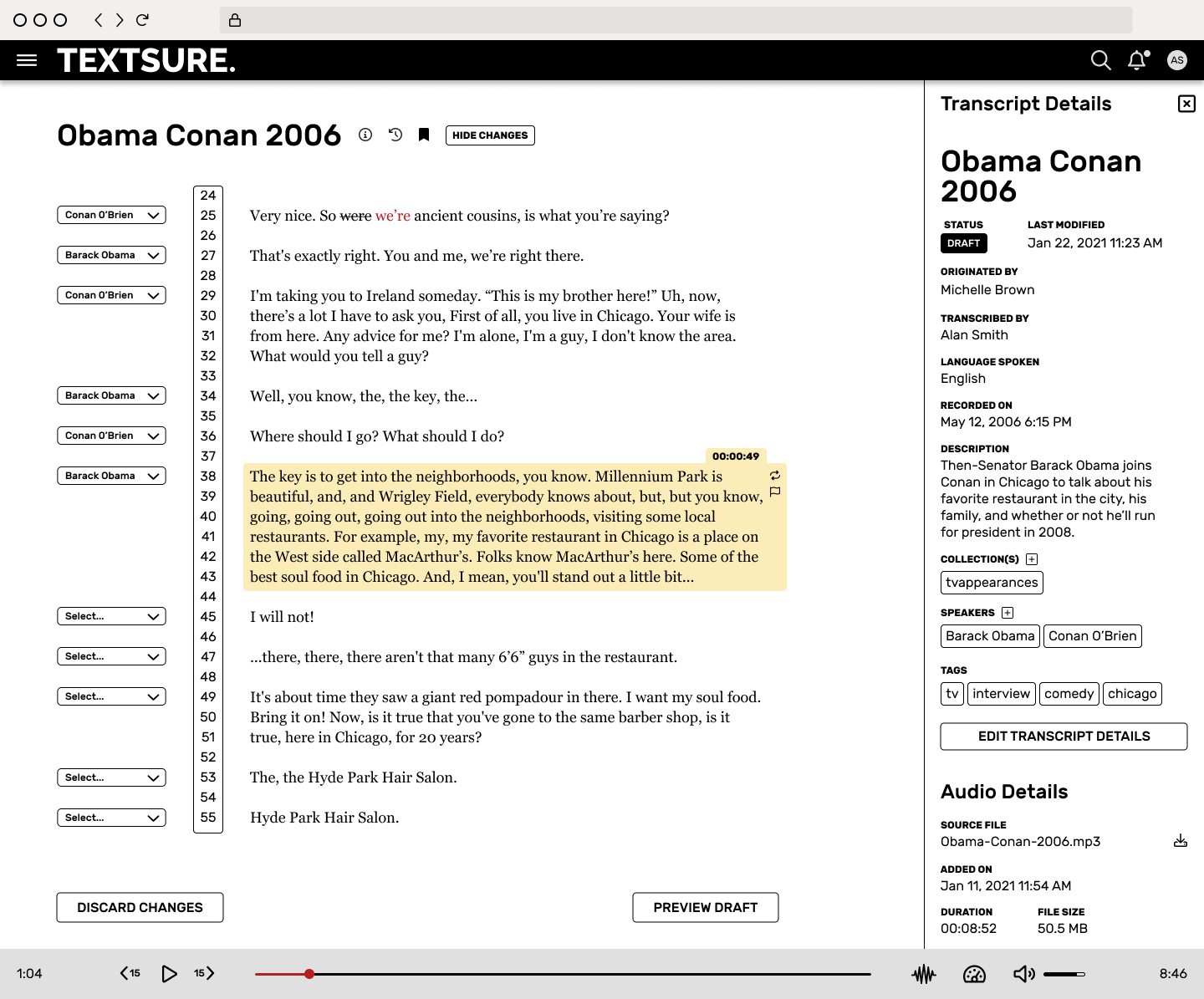 transcript editor displaying details